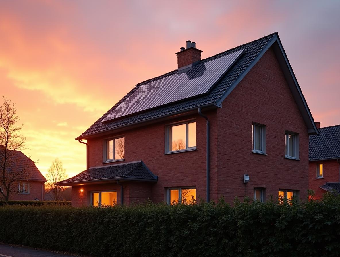 Relatief nieuwe Belgische woning met vacuümbuiscollectoren op het dak bij zonsondergang