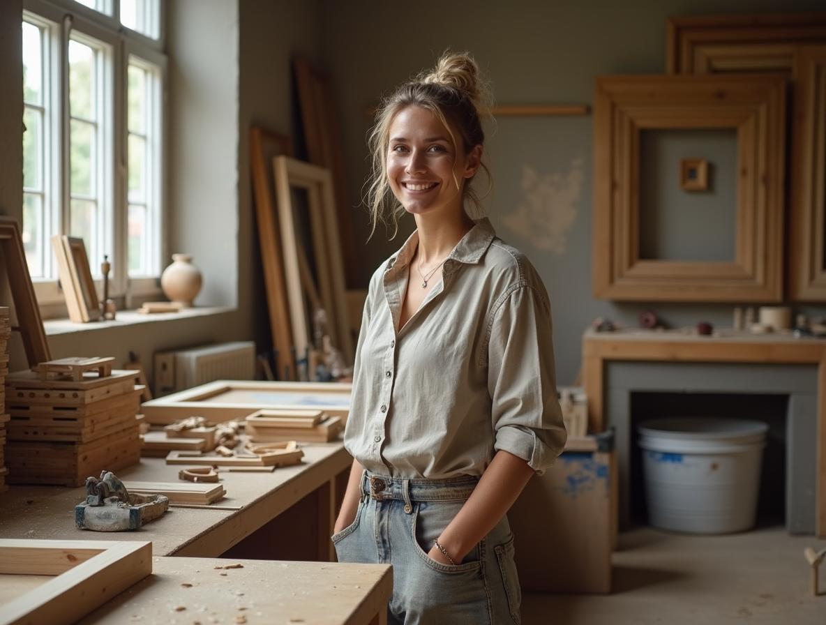 Vrolijke, kunstzinnige vrouw in een lijstenatelier met veel houtrest van lijsten